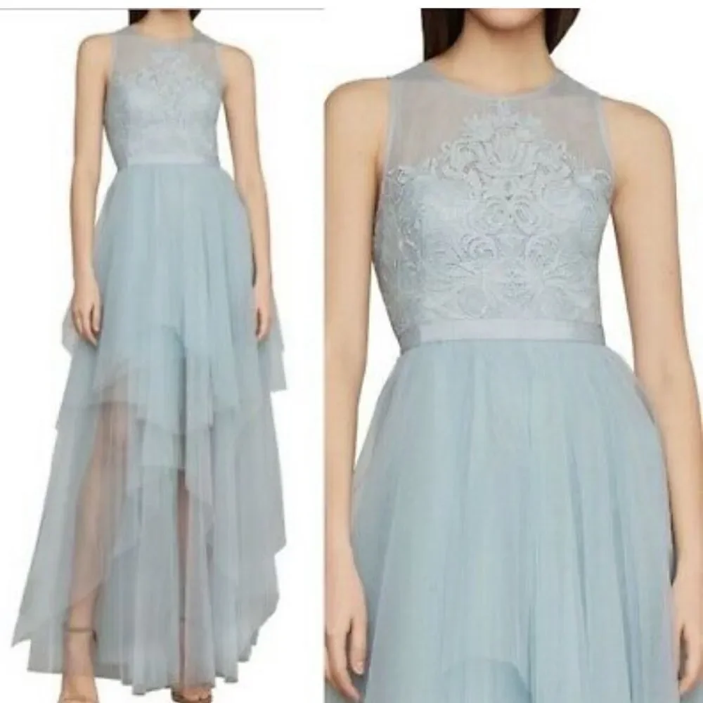 BCBGMAXAZRIA Sleeveless Embroidered Tulle Evening Gown Maxi Dress Light Blue 6